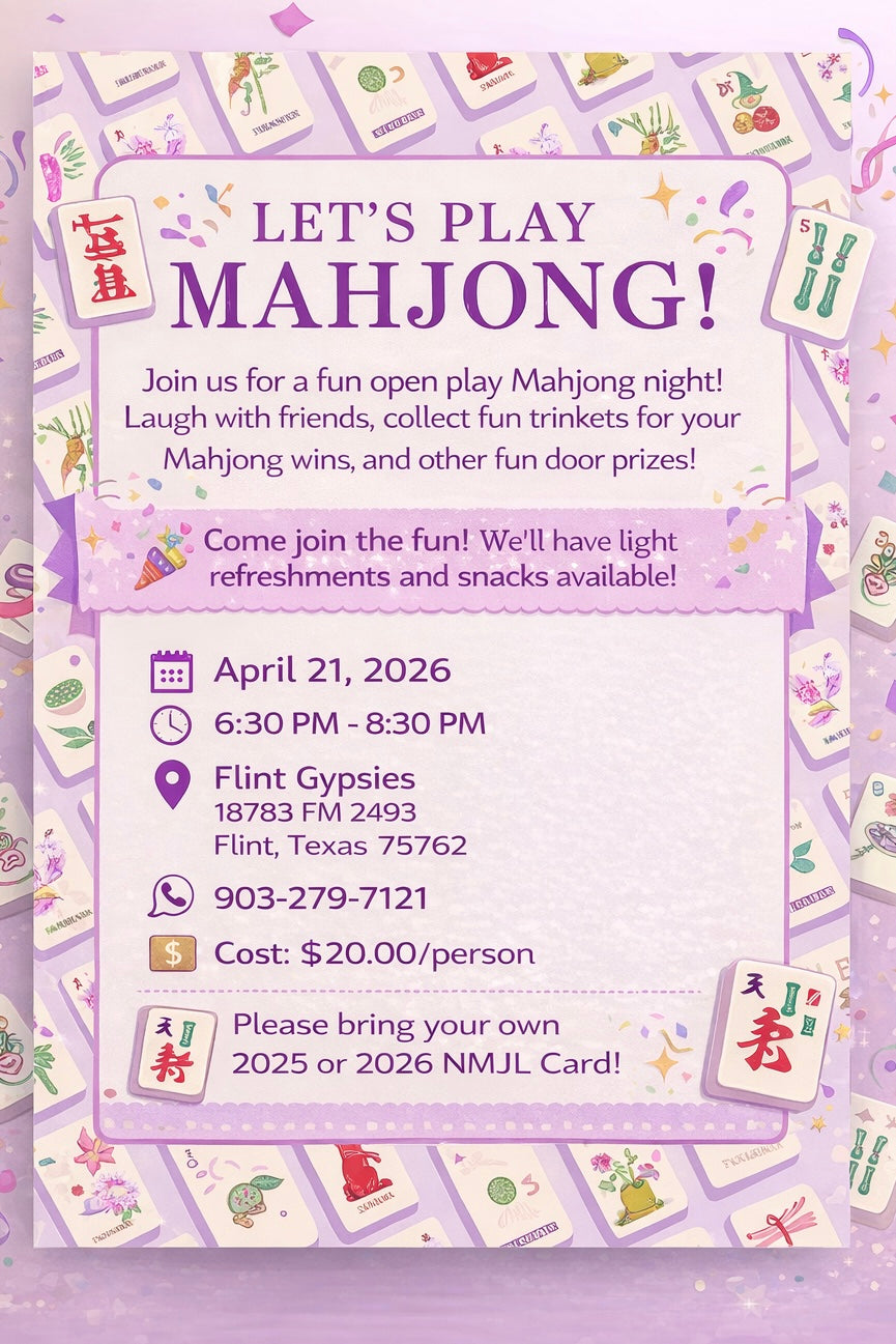April 21st Open Play Mahjong at Flint Gypsies!
