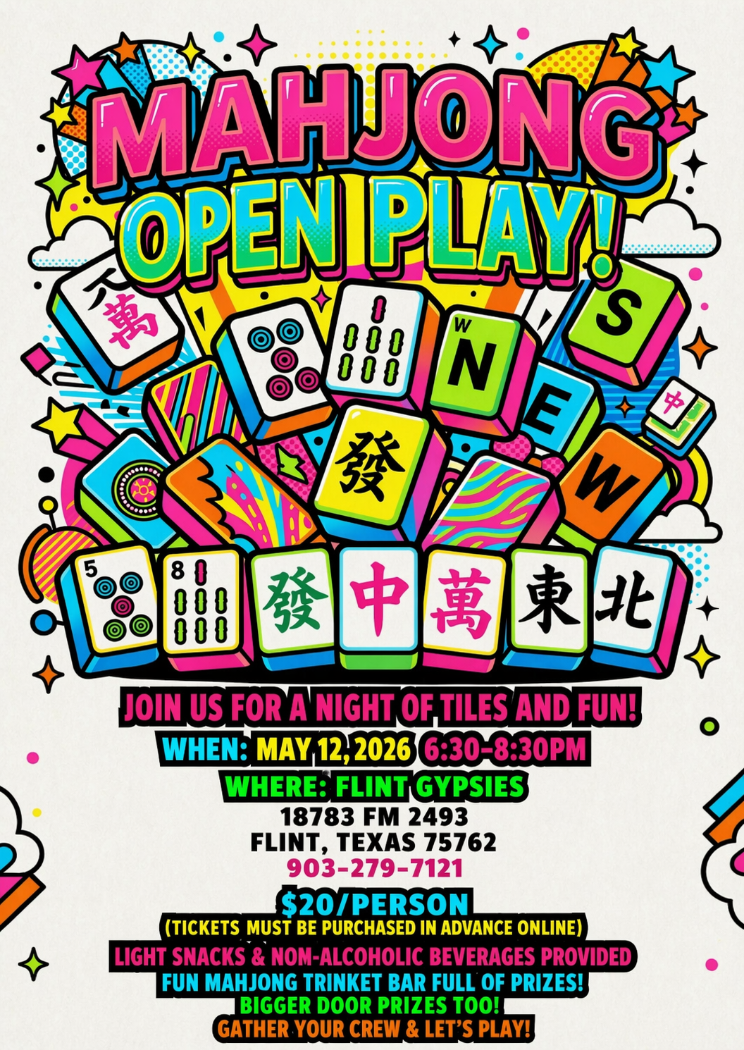 May 12th Open Play Mahjong at Flint Gypsies!